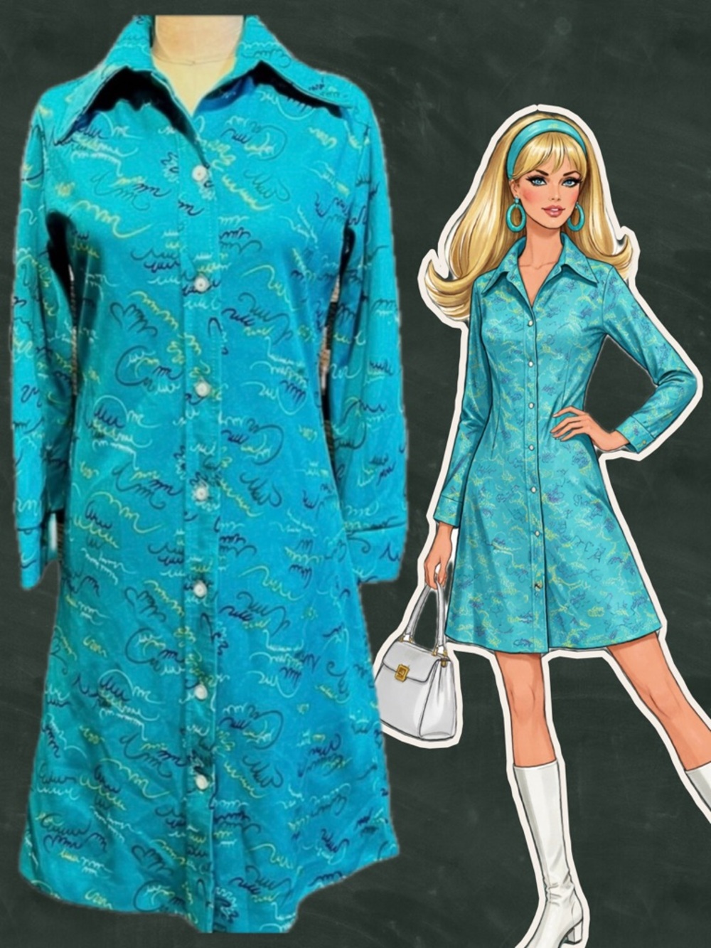 VINTAGE 60s 70s button down shirt dress MCM Twiggy abstract atomic space age